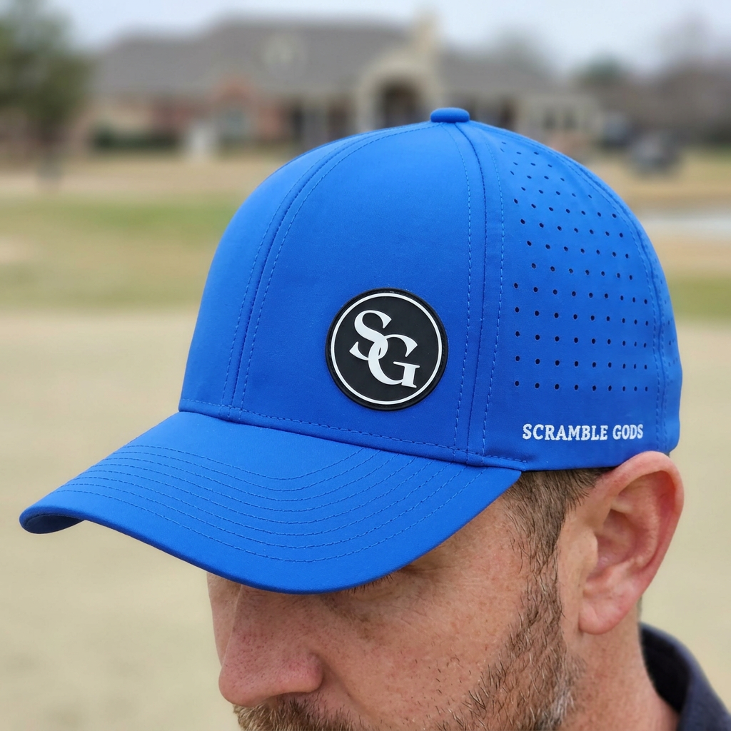 Blue Scramble Gods hat worn on a golfer, showing the SG badge, perforated side panel, and curved brim.